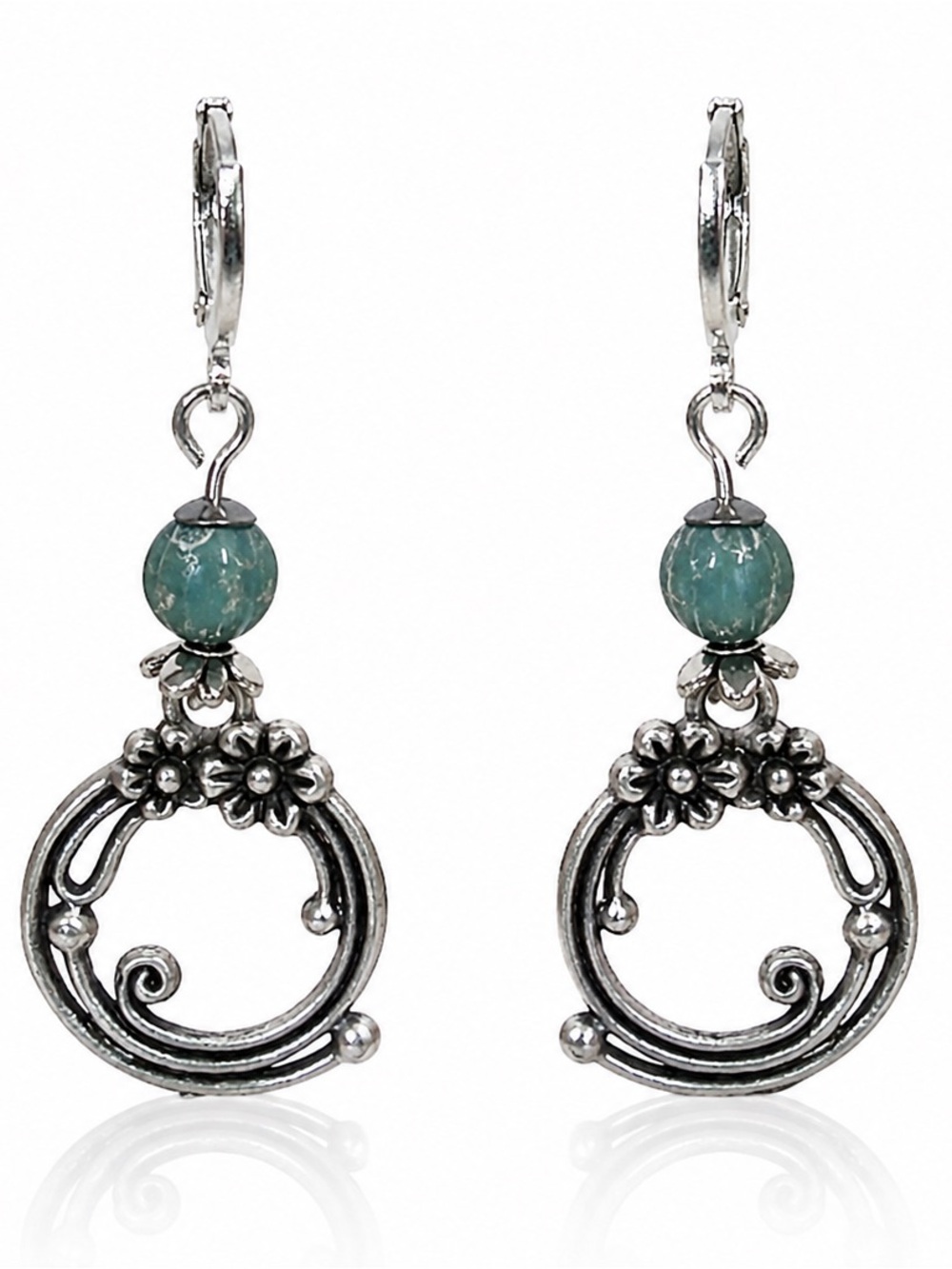 Turquoise Aqua Silver Scroll Earrings • Boho Floral Dangles - Picture 5 of 7
